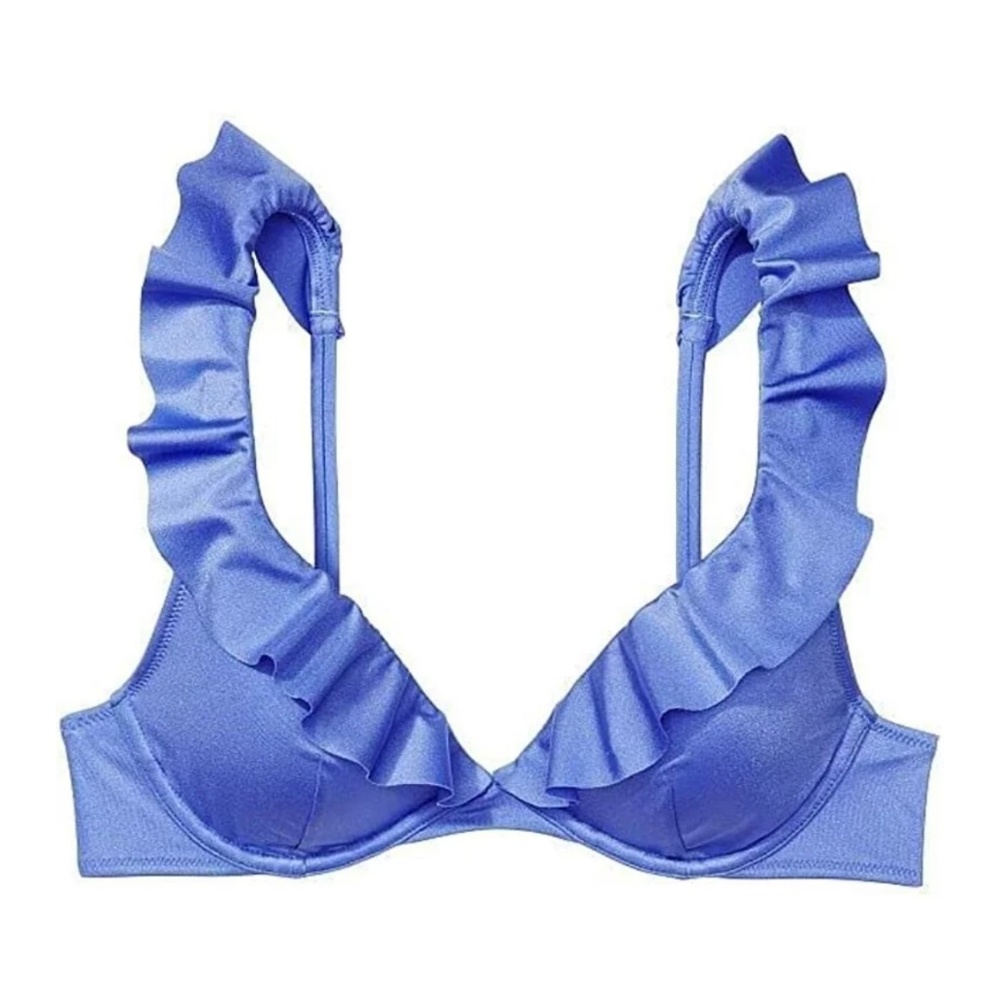 Victoria’s Secret Swim Bikini Top Plunge Ruffle Flounce Underwire Sky Blue 34DDD